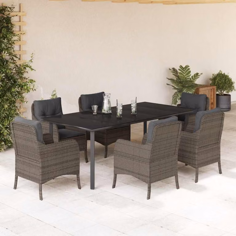 vidaXL Set da Pranzo da Giardino 7 pz in Polyrattan e Vetro Grigio e Nero