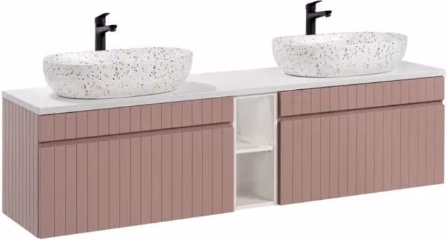 Set ICON: mobile sottolavabo 180cm con nicchie a vista + piano per lavabo + due lavabi da appoggio screziati