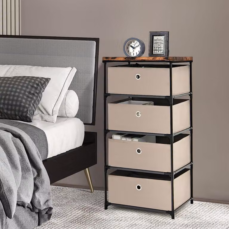Comodino in tessuto per camera da letto, mobile da bagno salvaspazio con 4 cassetti, con struttura in ferro e robusti raccordi metallici, comodino per armadio a muro (marrone)