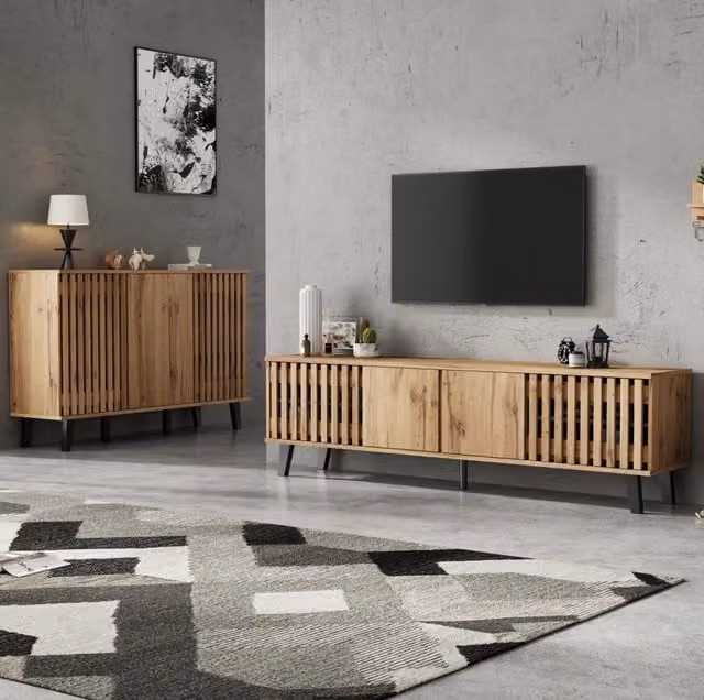 Mobile TV (180x40x55 cm) e Credenza (150x40x95 cm) in Legno Naturale con 8 scomparti e 6 ripiani, Porte integrate, design stabile