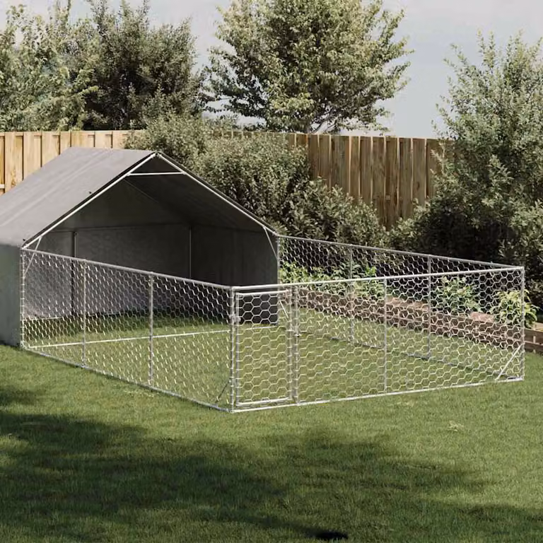 Cuccia per cani da esterno con recinto vidaXL in acciaio zincato grigio L: 7 m, P: 3 m, H: 1,9 m