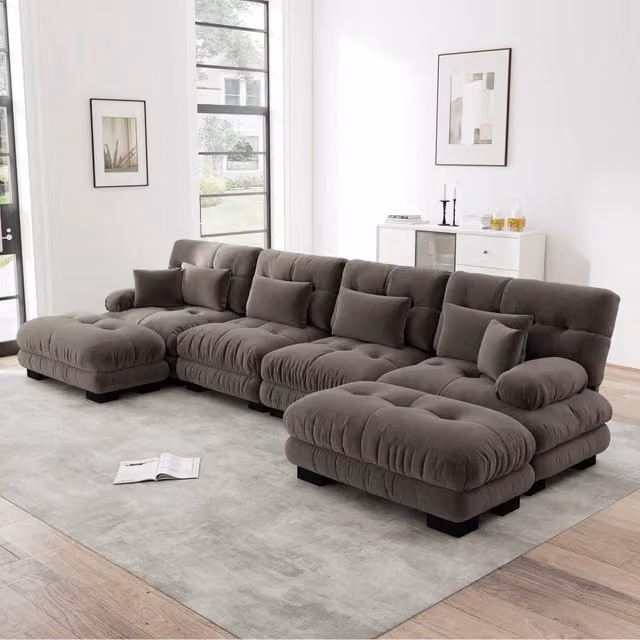 Divano Angolare 4 Posti Minimal con Poggiapiedi in Chenille Marrone