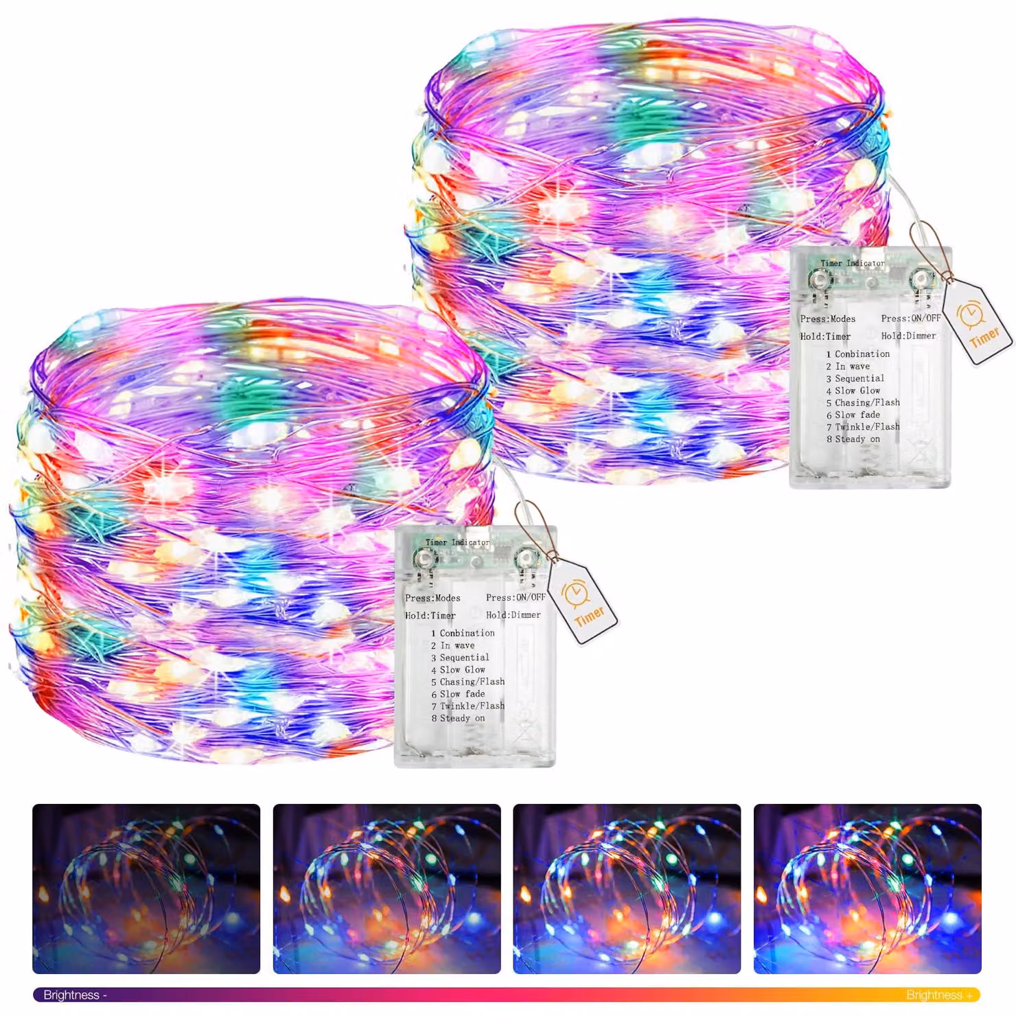 Catena luminosa con 50 LED, lunghezza 5 metri, alimentazione a batteria, con timer, dimmerabile, confezione da 2, multicolore