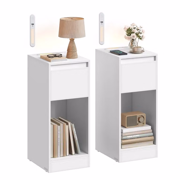 Comodino con LED porte USB cassetto e scomparto, Bianco Nuvola / 2