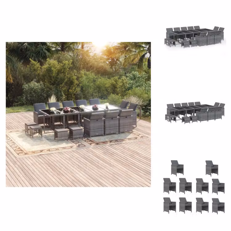 vidaXL Set da pranzo da giardino 15 pezzi con cuscini in poly rattan grigio - Set di mobili da giardino