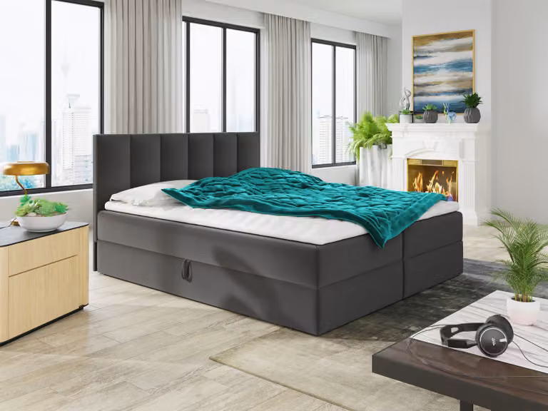 Letto boxspring Star con topper, materasso Bonell e 2 cassetti, letto matrimoniale, letto imbottito, letto (grigio scuro (Kronos 22), 160 x 200 cm)