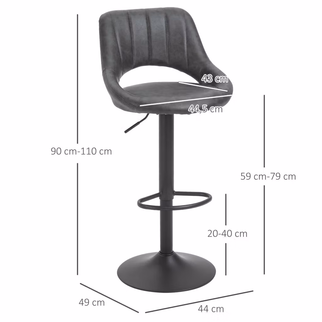 Set di 2 sgabelli da bar MIVRAY girevoli e regolabili in altezza, rivestimento in similpelle grigia e base in metallo, L/P/H: 44 x 49 x 90-110 cm – 2
