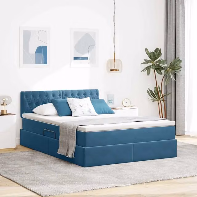 Letto con Contenitore vidaXL in Velluto Blu e Bianco L: 140 cm, P: 200 cm, H: 204 cm