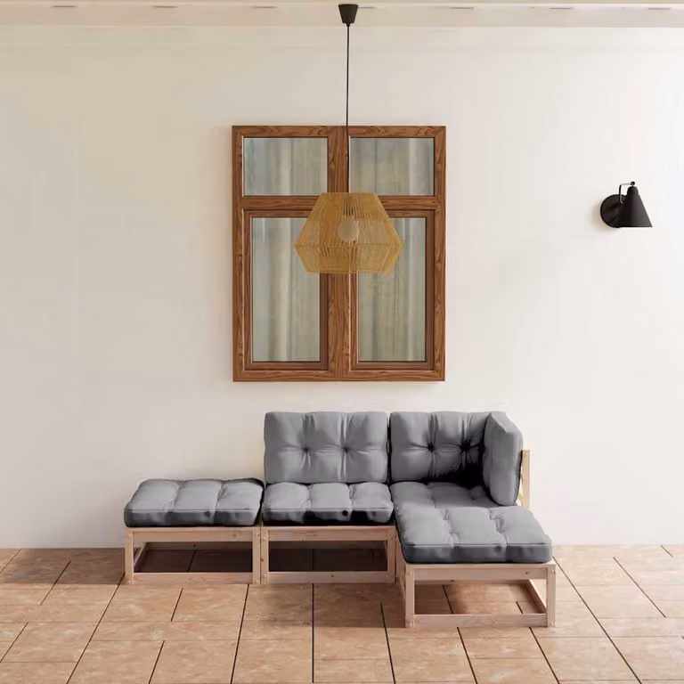 Set di Divani da Giardino a L vidaXL in Legno Massello di Pino con Cuscini Grigi, 4 Pezzi