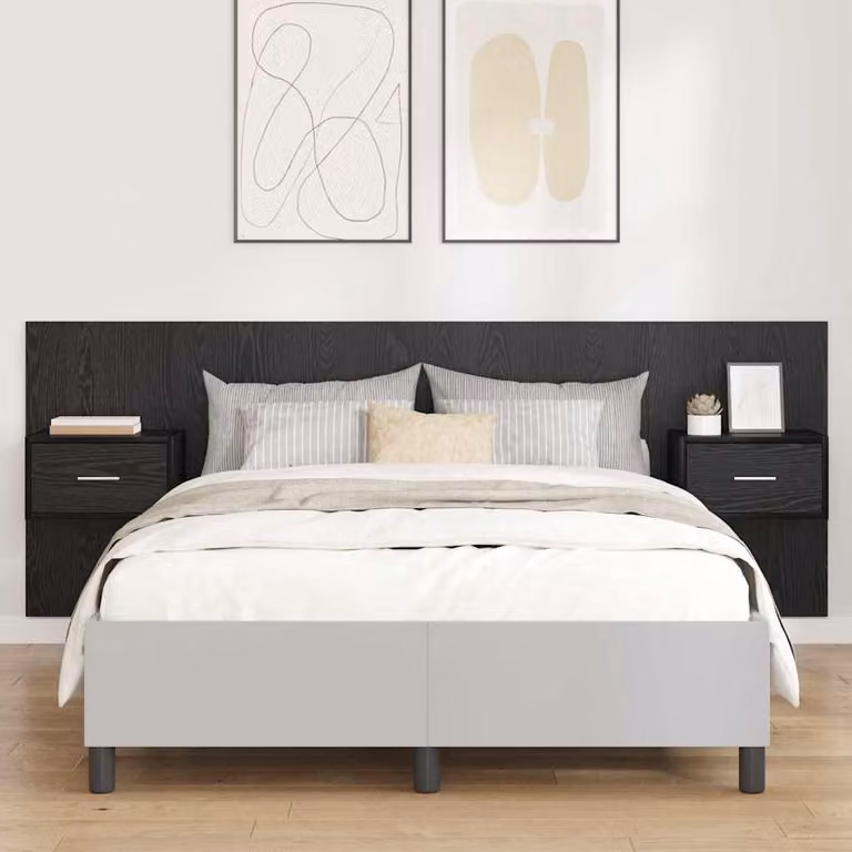 Set di 3 pezzi Testata con Comodini Integrati vidaXL in Legno Ingegnerizzato Nero Opaco L: 217,0 cm, H: 80,0 cm, P: 29,28 cm