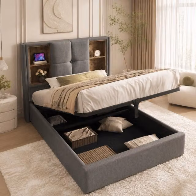 Letto imbottito 90x200 cm con contenitore; ricarica wireless; porte USB e USB-C; grigio