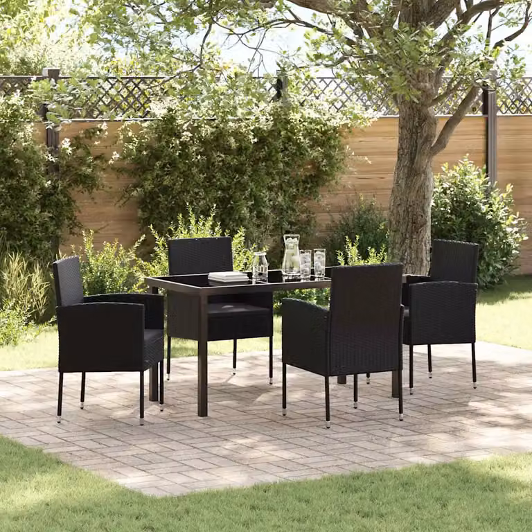 Set da Pranzo per Giardino e Terrazzo vidaXL in Polyrattan e Vetro Nero con Tavolo Quadrato e 5 Sedute