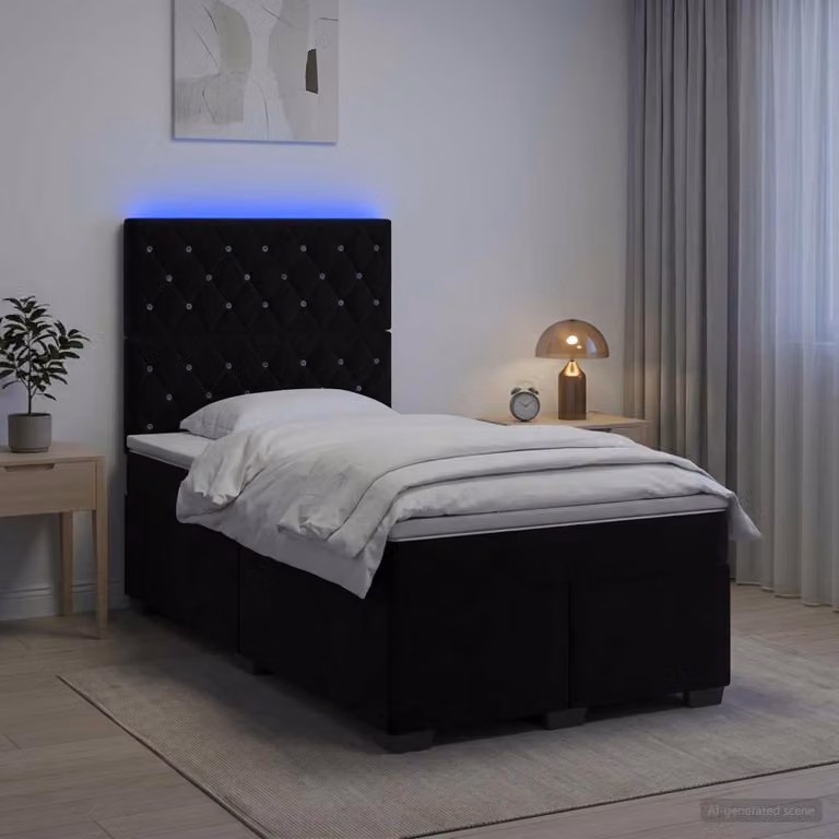 Letto box spring vidaXL in velluto nero con materasso a molle pocket e illuminazione sottostante L/P: 120 x 200 cm