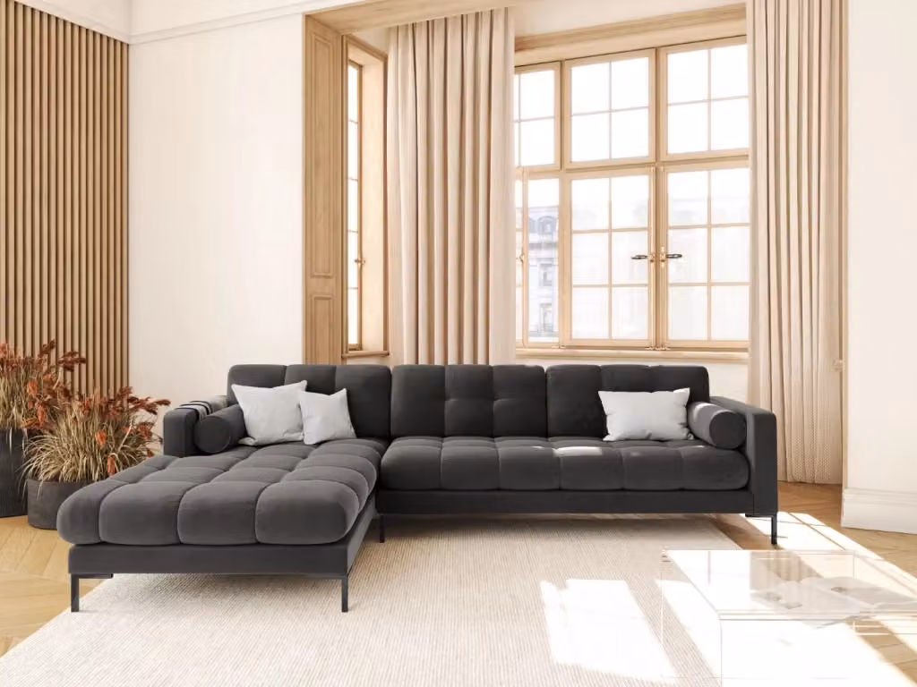 Divano angolare sinistro Bali di Cosmopolitan Design in velluto grigio scuro, 5 posti, L: 293 cm x P: 185 cm x H: 75 cm – 2