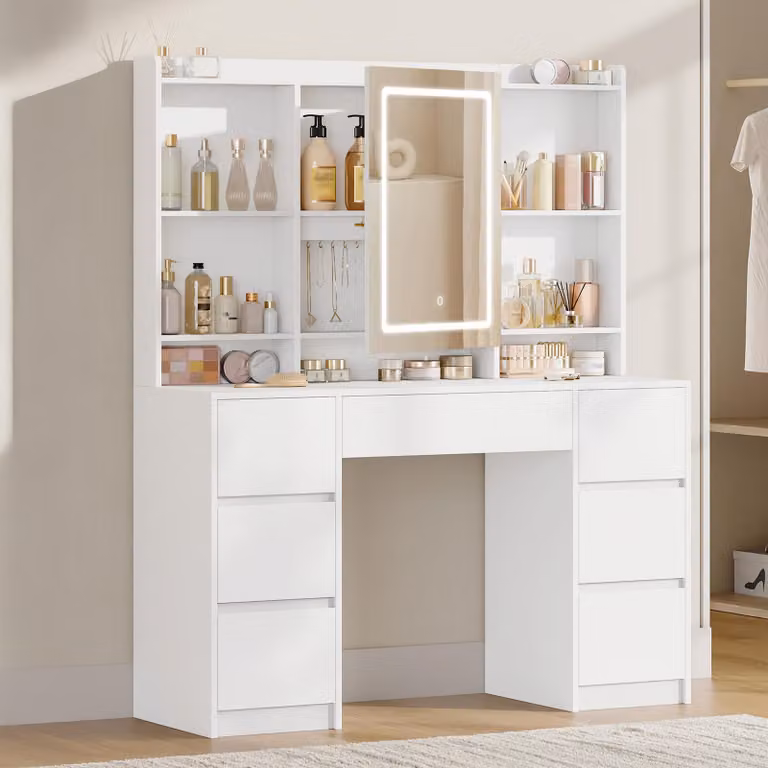 Scrivania da trucco con illuminazione - Bianca - 7 cassetti - Pannello in legno - Design moderno e minimalista