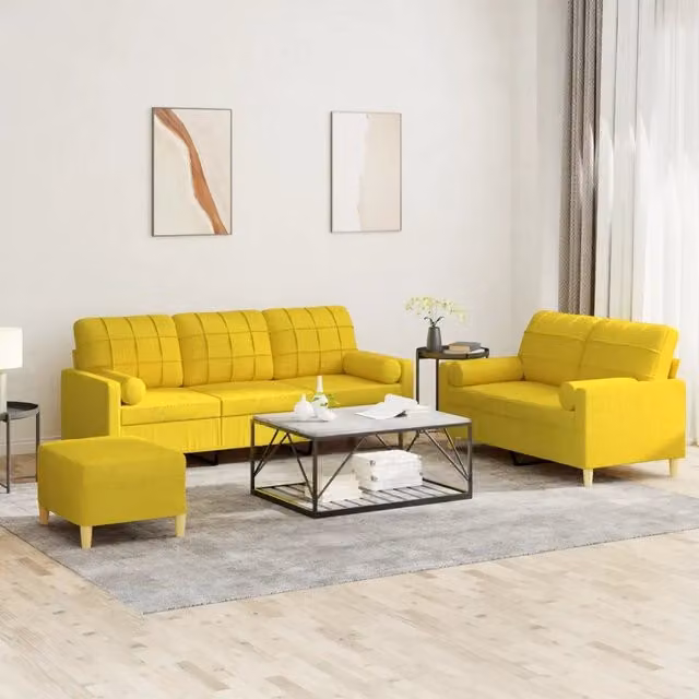 Set di divani moderno vidaXL composto da un divano a 3 posti, un divano a 2 posti e un pouf, colore giallo, in tessuto con cuscini inclusi