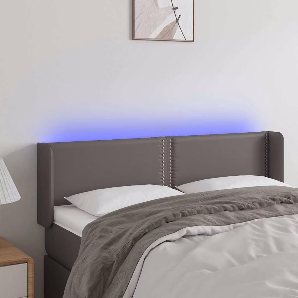 Testiera per letto vidaXL in similpelle grigia con illuminazione LED e porta USB, L: 147 cm, P: 16 cm, H: 78-88 cm