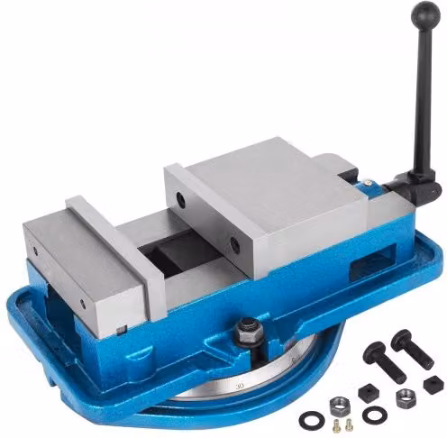 Morsa di precisione per fresatura VEVOR con base girevole a 360 gradi, colore blu, apertura 125 mm e forza di serraggio massima 24 kN