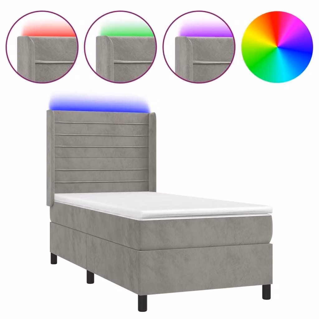 Letto a Molle Materasso e LED Grigio Chiaro 100x200 cm Velluto