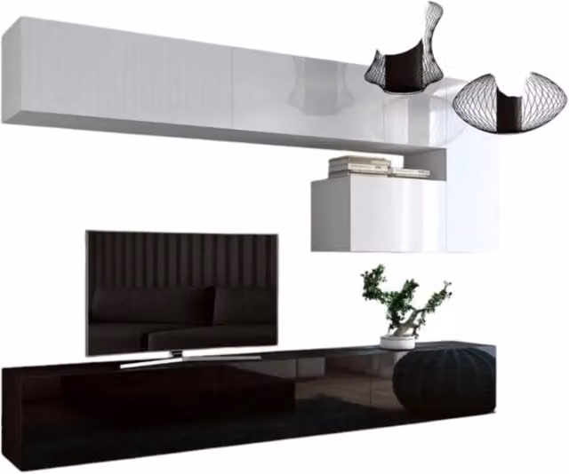 Set di mobili da salotto sospesi Meublorama collezione CEPTO XV, composto da 8 elementi con illuminazione LED integrata, bianco e nero, L: 251 cm