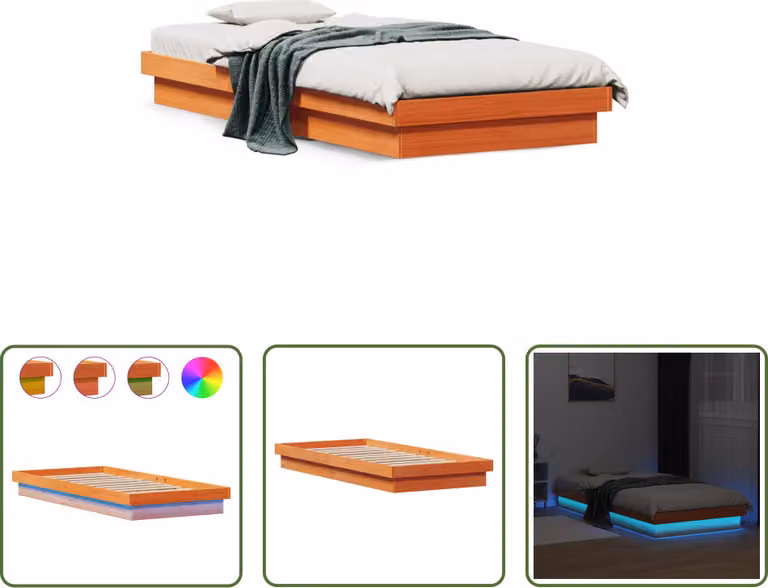 The Living Store Letto in legno massiccio con LED a cera marrone 75x190 cm pino