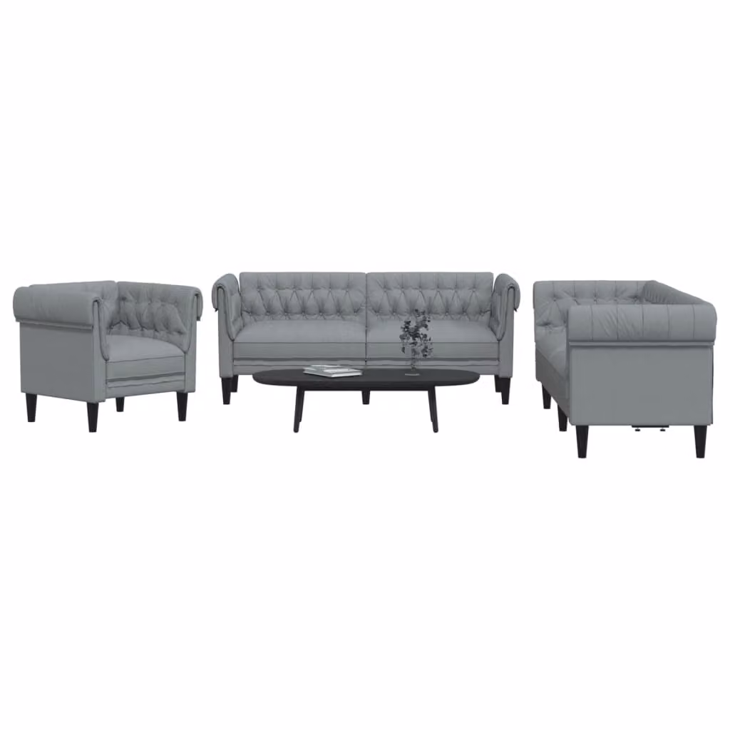 Set di divani 3 pezzi vidaXL in tessuto grigio con struttura in legno e cuscini inclusi – 1