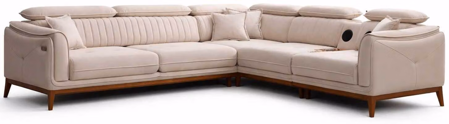 Divano ad angolo a L, beige, moderno, di design, elegante, comodo, in tessuto, modulare