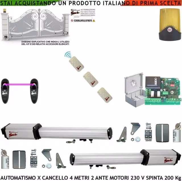 Automazione Cancello 4 Metri 2 Ante da 2 MT Kit Base 2 Motori Elettromeccanici 230 V Corsa 300 mm Spinta 2 Q.li Staffe 3 Radiocomandi Coppia Fotocellule Faro Movimenti Chiave Sblocco Cartello Monitore