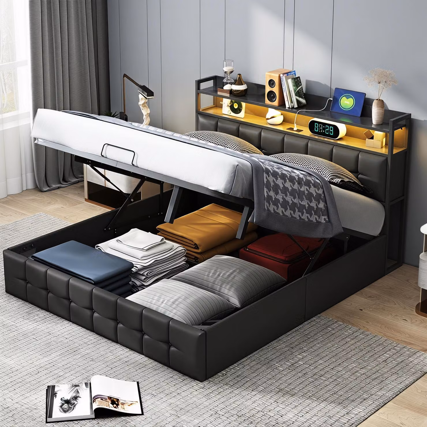 Letto imbottito INONEFT, 140 x 200 cm, con USB e prese di corrente, letto matrimoniale con spazio contenitore, letto per ragazzi con LED, ecopelle, nero