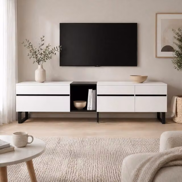 Mobile TV moderno MODFU bianco con vani aperti e ante chiuse L: 180 cm, P: 38 cm, H: 45 cm