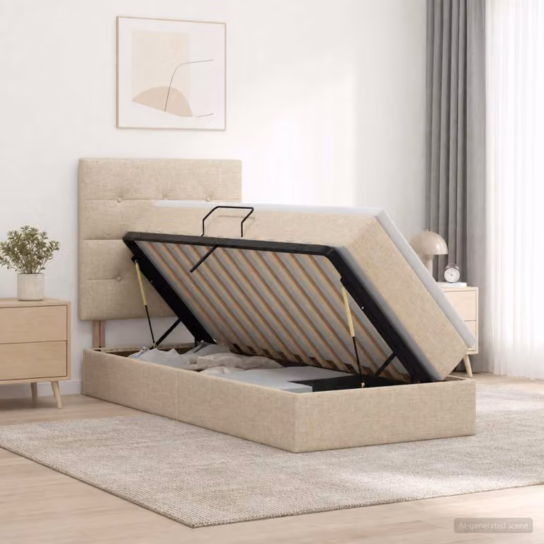 Letto con contenitore e materasso vidaXL in tessuto beige L/P/H: 90 x 190 x 128 cm