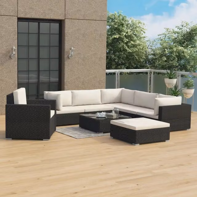 Set da giardino componibile vidaXL in rattan nero con cuscini e tavolino da esterno 8 pezzi – 1