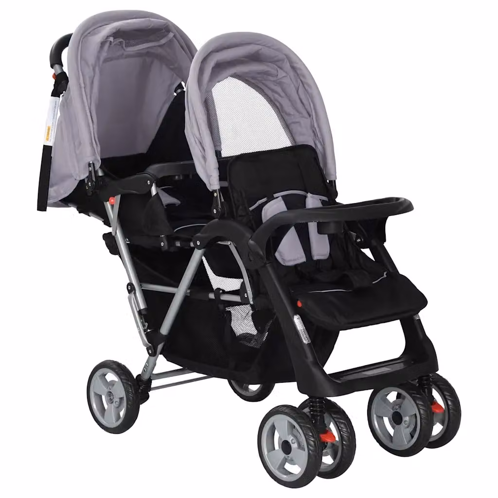 Passeggino Gemellare a Tandem Pieghevole vidaXL in Acciaio Grigio e Nero H 111 x L 122,5 x P 53,5 cm – 2
