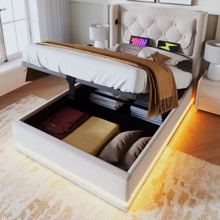 Letto imbottito STILVORA, 90x200 cm, con spazio contenitore, letto per ragazzi con illuminazione LED, testiera imbottita con funzione di ricarica USB di tipo C, color beige (senza materasso)