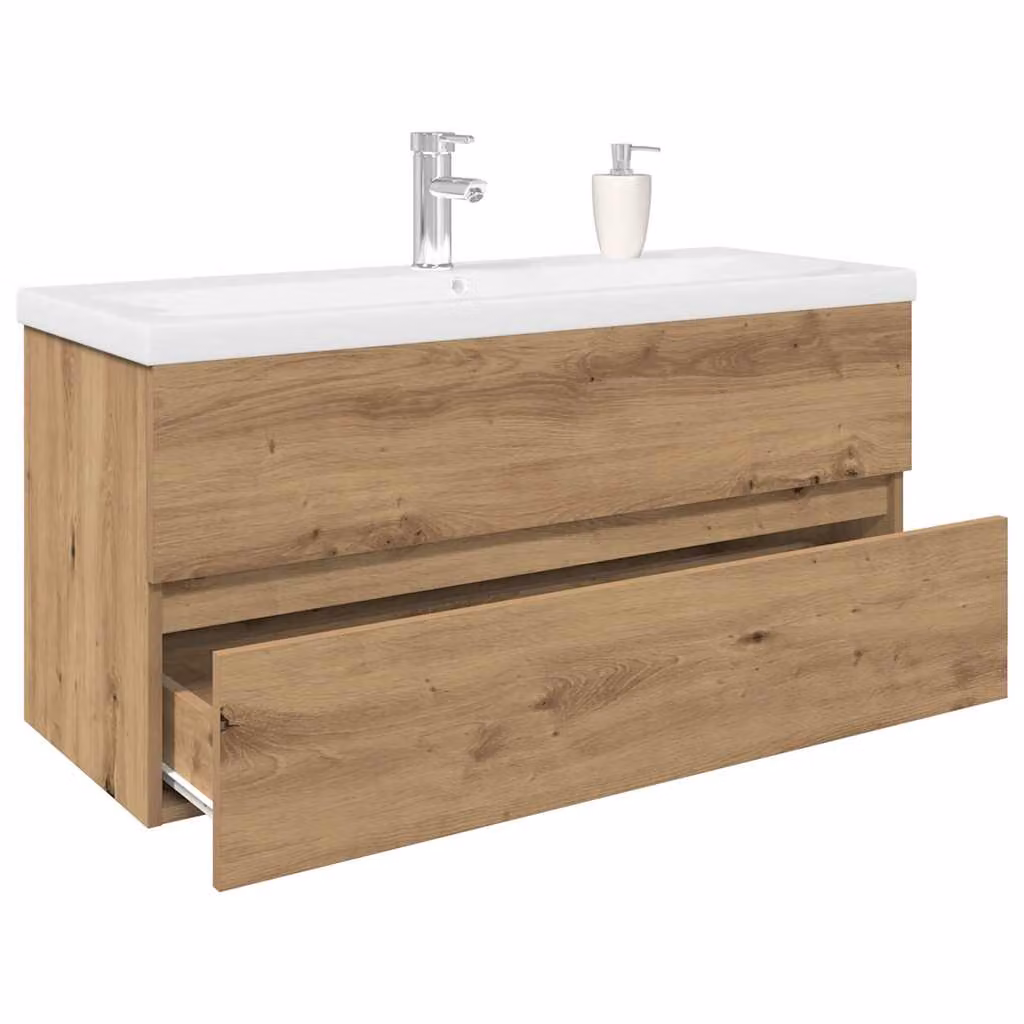 Mobiletto bagno sospeso vidaXL con lavabo integrato e rubinetto, design moderno in rovere e bianco, L: 100 cm, P: 38,5 cm, H: 45 cm