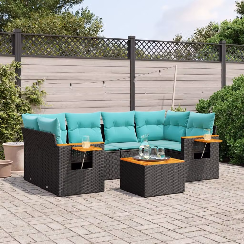 vidaXL Set Divani da Giardino 7 pz a Forma a L in Polyrattan con Cuscini e Tavolino da Esterno Nero