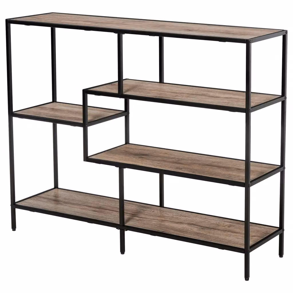 Scaffale Libreria Asimmetrica in Stile Industriale con Legno e Metallo, Nero e Marrone, H 120 x L 95 x P 32 cm – 2