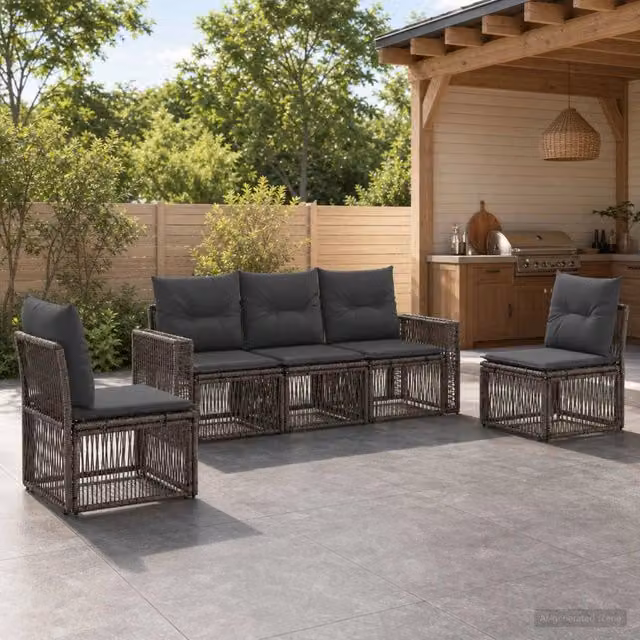 Set Divano da Giardino 5 Pezzi vidaXL in Polyrattan Grigio e Antracite con Cuscini Imbottiti e Coperture Rimovibili