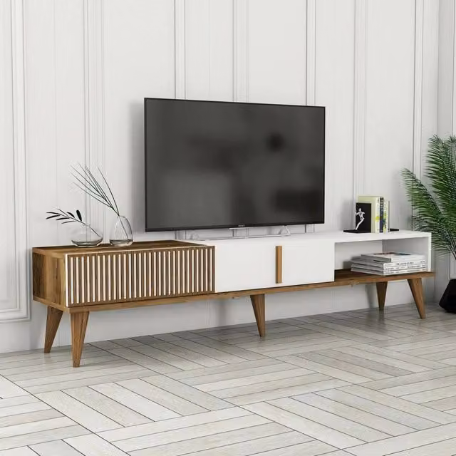 Mobile porta TV Jakuchu DMORA, Credenza da soggiorno moderna in Noce e Bianco, L 180 x P 40 x H 35 cm