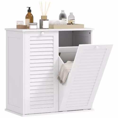 HOMCOM Armadio per biancheria con ante persiana, 2 cesti da bagno, Bianco