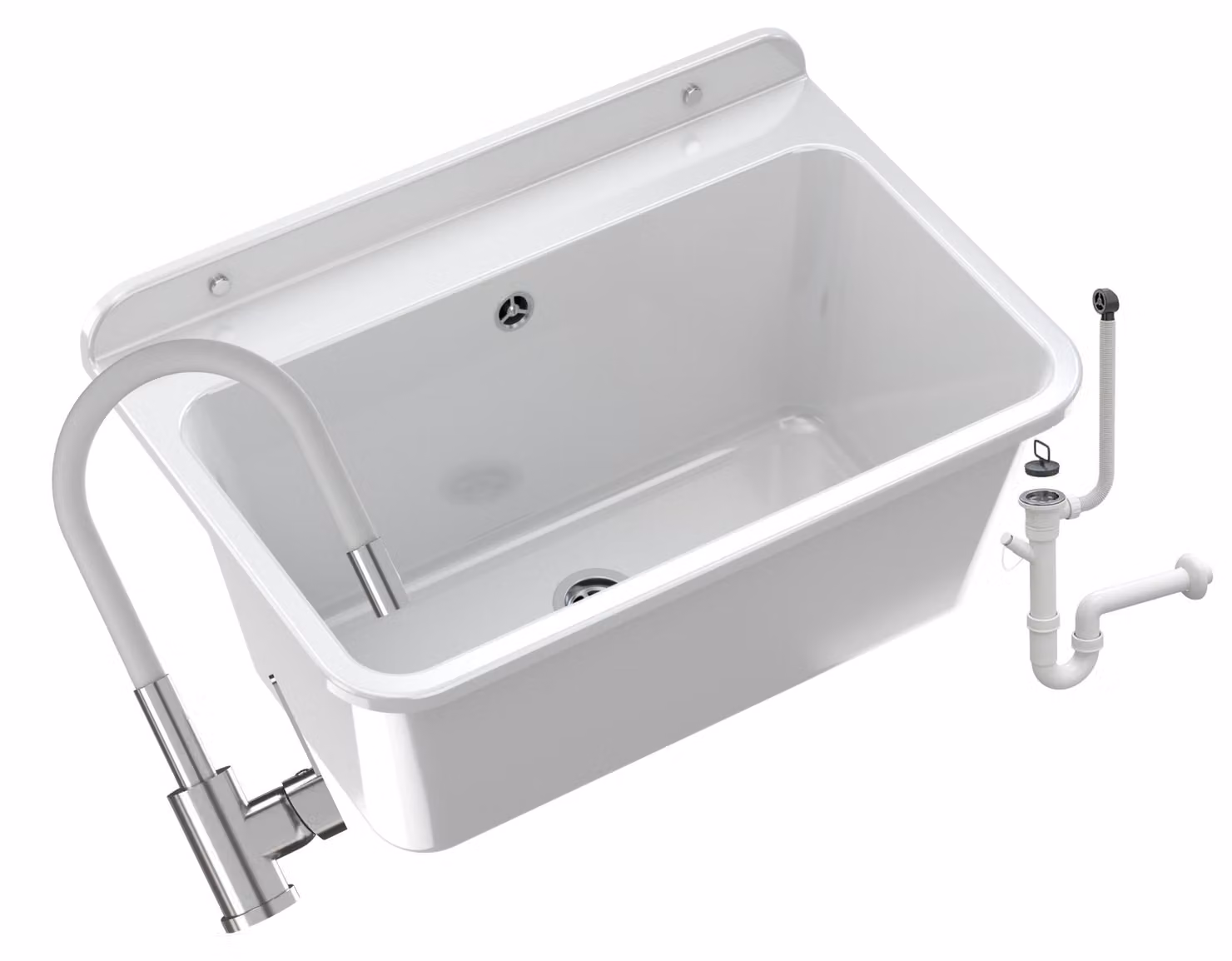 Granitan - Lavatoio - Lavandino 61x41 cm - Lavello bianco - con miscelatore GRADO e sifone - LARGE