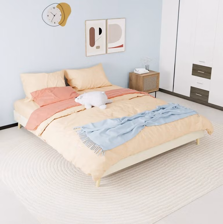 Letto matrimoniale moderno MODFU in velluto beige con struttura in metallo e legno, L/P/H: 160 x 200 cm