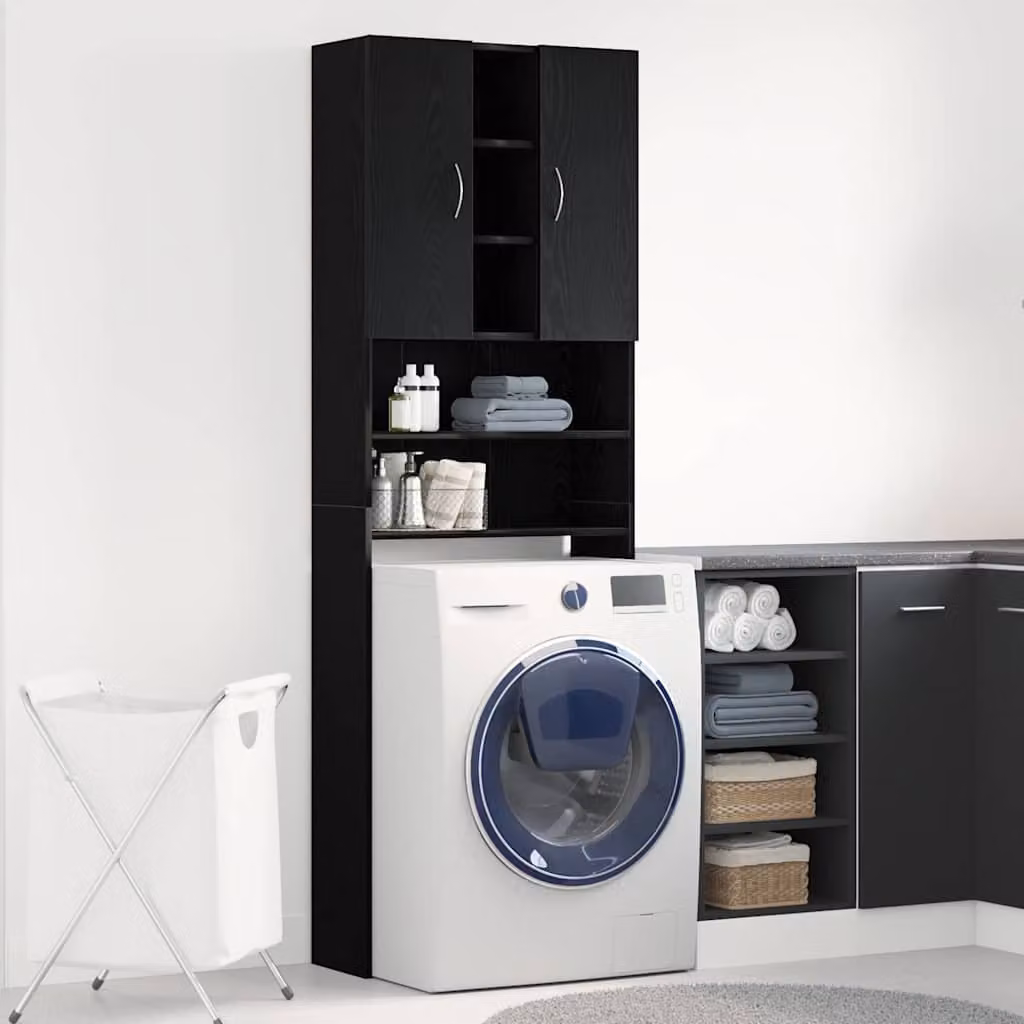 Mobile per lavatrice vidaXL in legno Rovere e Nero con ripiani e ante, L: 64 cm, P: 25,5 cm, H: 190 cm