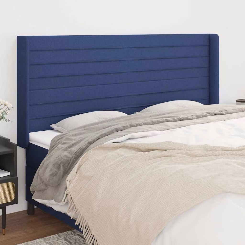 Testiera ad orecchio vidaXL in tessuto blu con struttura in legno e pannello imbottito L: 183 cm, P: 16 cm, H: 118/128 cm