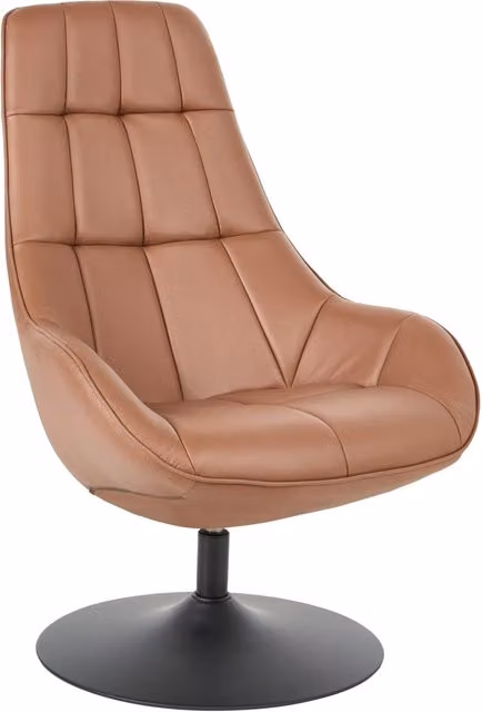 Poltrona girevole in ecopelle marrone, base singola, con seduta imbottita e cuciture decorative, stile moderno di metà secolo