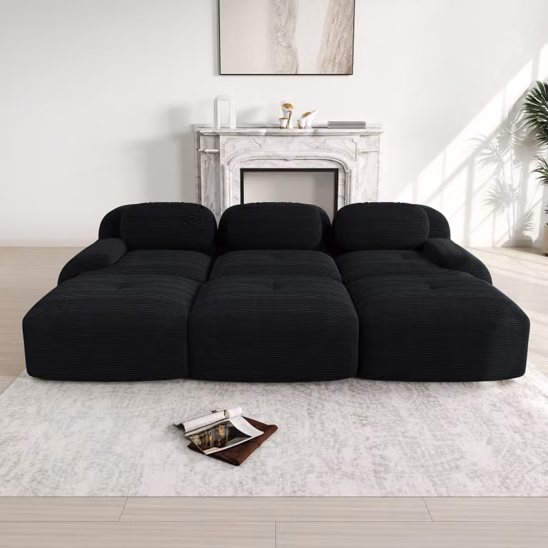 Divano modulare a 3 posti "Cord" con 3 poggiapiedi, divano senza struttura in colore nero con poggiapiedi, adatto agli animali domestici e senza necessità di montaggio, dimensioni 298x178x70 cm