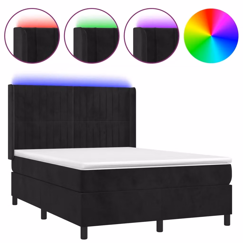 Letto Ibrido vidaXL con Materasso e Illuminazione LED in Velluto Nero L/P/H: 140 x 200 x 128 cm – 2