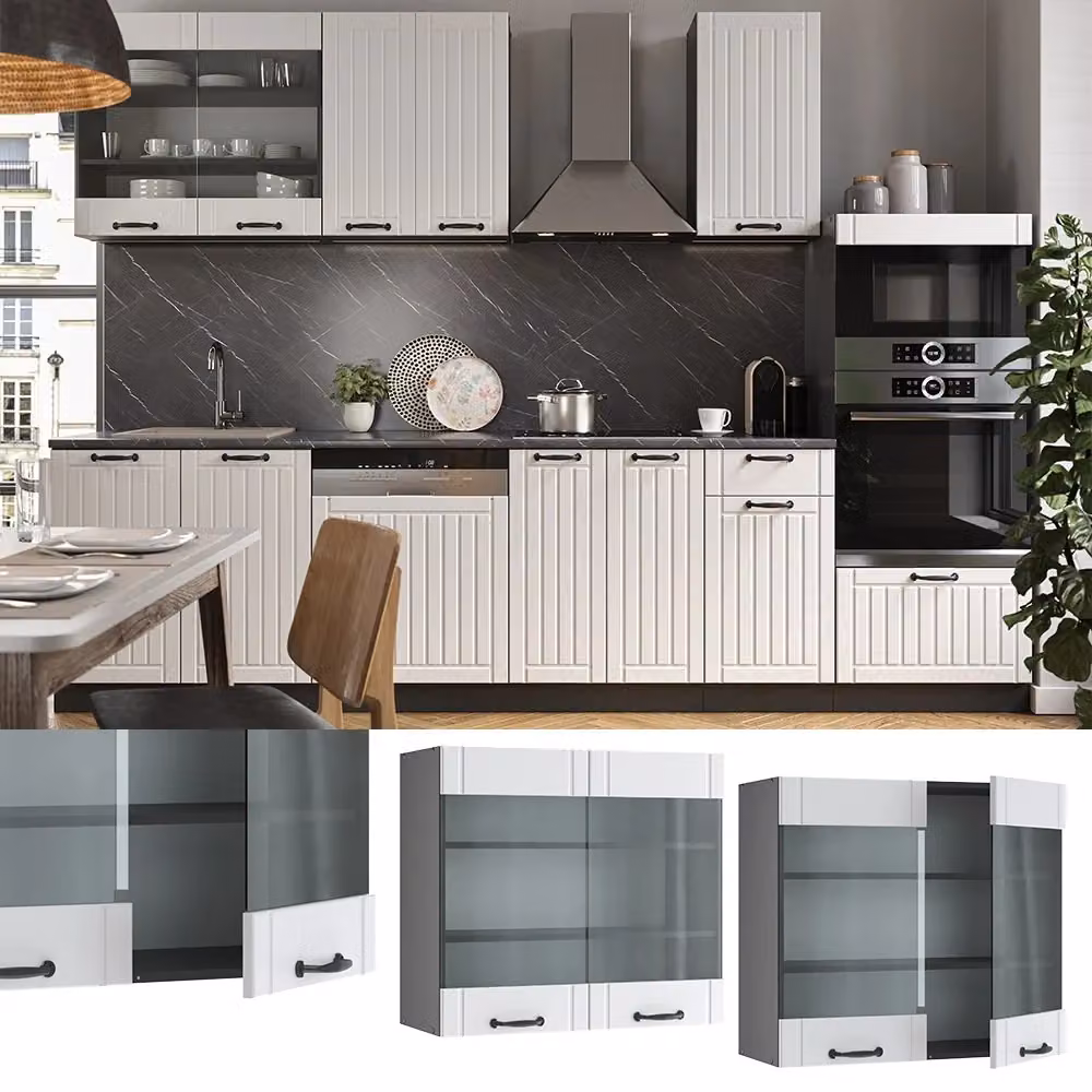 Pensile da cucina Vicco Fame-Line Bianco rustico e Antracite con ante in vetro e L: 80 cm – 2