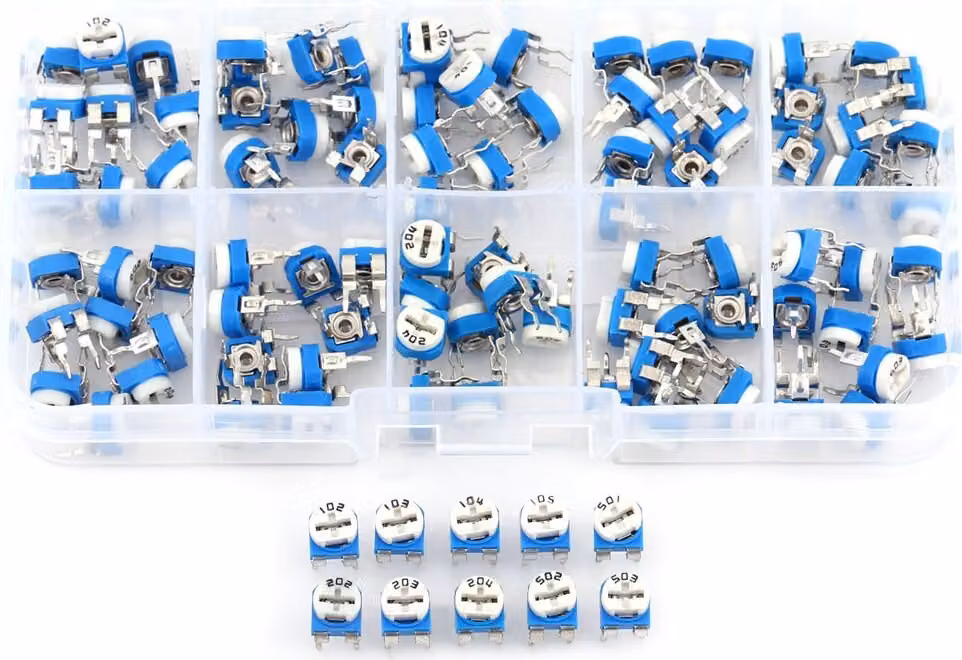 Assortimento di 100 pezzi, 10 valori, da 500 Ω a 1 MΩ, potenziometri a film, resistori variabili, reostati e trimpot