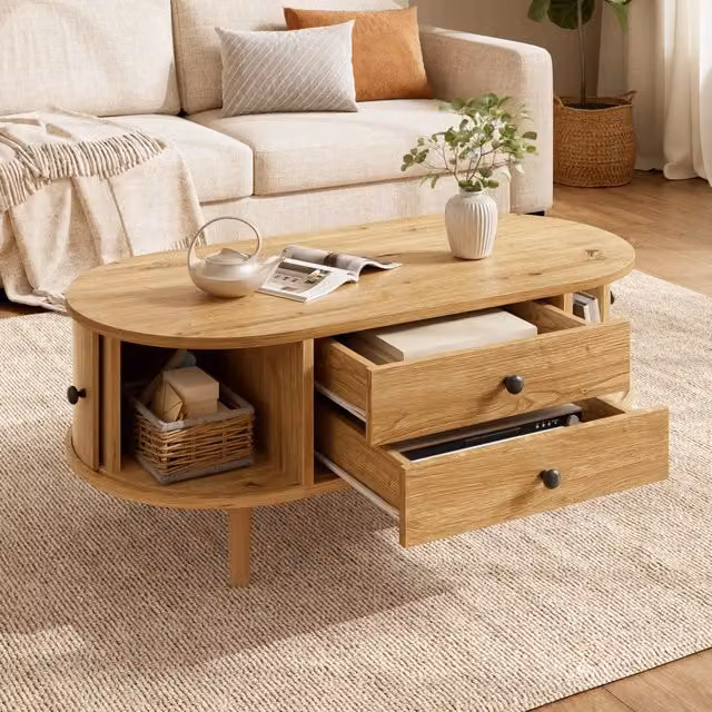 Tavolino da caffè ovale con ante scorrevoli e 2 cassetti; rovere; 100x50x40 cm